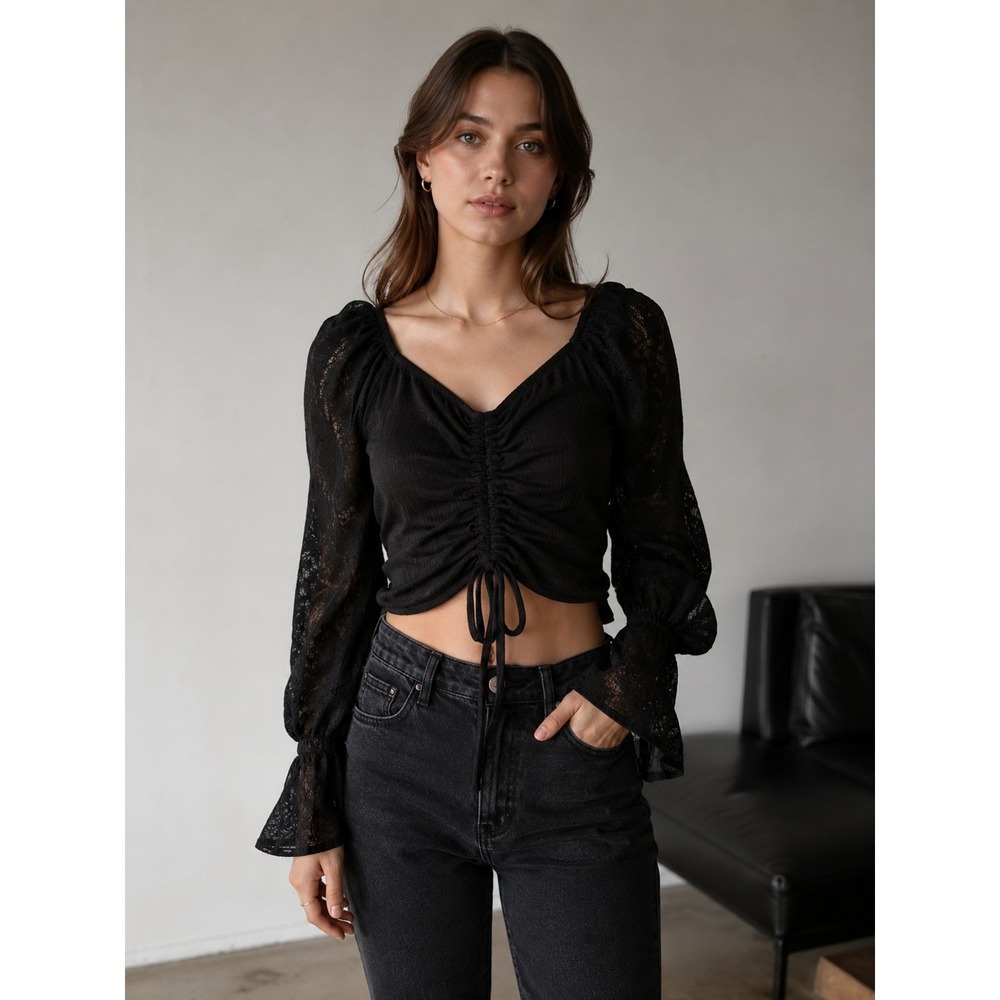 Marsha Black Black Lace Crop Top Women's Gothic Y2K Ruched Tie Front Long Sleeve